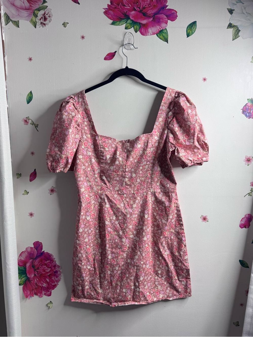 AUW Pink Floral Square-Neck Puff Sleeve Mini Dress